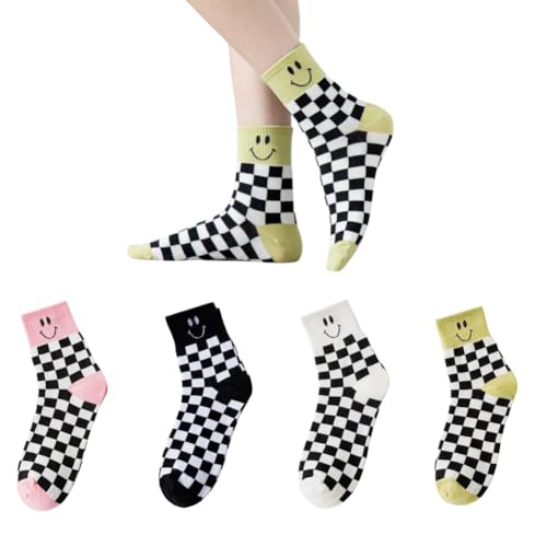 AKAMAS 4 Paar Schwarz-Weiß Karierte Damen Socken,Smiley-Socken mit Karomuster,Bunte Smiley-Socken,Atmungsaktive Baumwollsocken Freizeitsocken Sportsocken,Geschenke für Mädchen und Frauen von AKAMAS