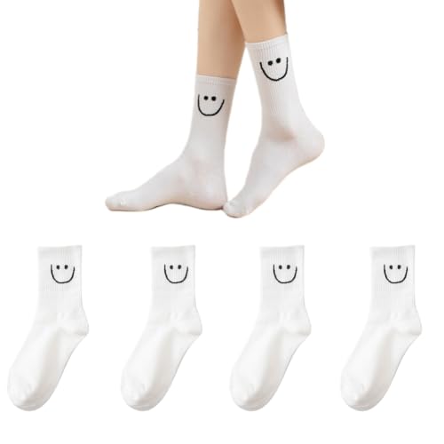 AKAMAS 4 Paar Weiße Damen Baumwollsocken,Lustige Lächelndem Gesicht Emoji Muster Lässige Socken,Atmungsaktive Sportsocken Crew Socken Tennissocken,Weiche gestrickte Knöchelsocken von AKAMAS