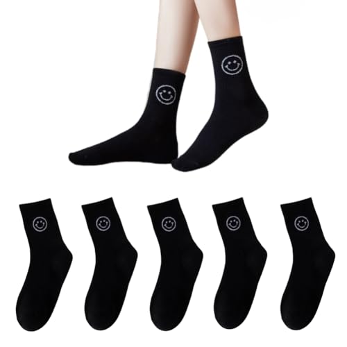 AKAMAS 5 Paar Damen Baumwollsocken,Lustige Lächelndem Gesicht Muster Crew Socken,Atmungsaktive Sportsocken,Mode Knöchelsocken,Weiche Warme Stricksocken,Geschenke für Mädchen Schwarz von AKAMAS