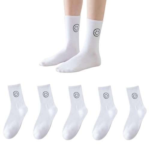 AKAMAS 5 Paar Damen Baumwollsocken,Lustige Lächelndem Gesicht Muster Crew Socken,Atmungsaktive Sportsocken,Mode Knöchelsocken,Weiche Warme Stricksocken,Geschenke für Mädchen Weiß von AKAMAS