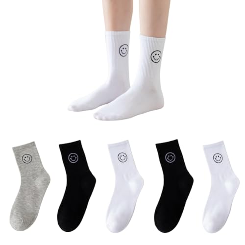 AKAMAS 5 Paar Damen Baumwollsocken,Lustige Lächelndem Gesicht Muster Crew Socken,Atmungsaktive Sportsocken,Mode Knöchelsocken,Weiche Warme Stricksocken,Geschenke Mädchen(Schwarz/Weiß/Grau) C von AKAMAS