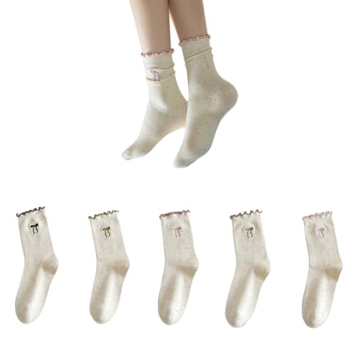 AKAMAS 5 Paar Damen Beige Rüschen Socken,Lustige Bunte Schleife Stickerei Muster Ruffle Knöchelsocken,Atmungsaktive Baumwollsocken Freizeit Socken,Süße Mädchen Kleidersocke Spitzensöckchen von AKAMAS