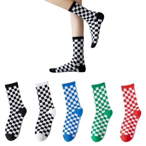 AKAMAS 5 Paar Damen Bunt karierte Socken,Lustige Crew Socken Alltagssocken,Warm Socken mit Schachbrettmuster,Atmungsaktive Baumwollsocken Sportsocken,Geschenke für Frauen A von AKAMAS