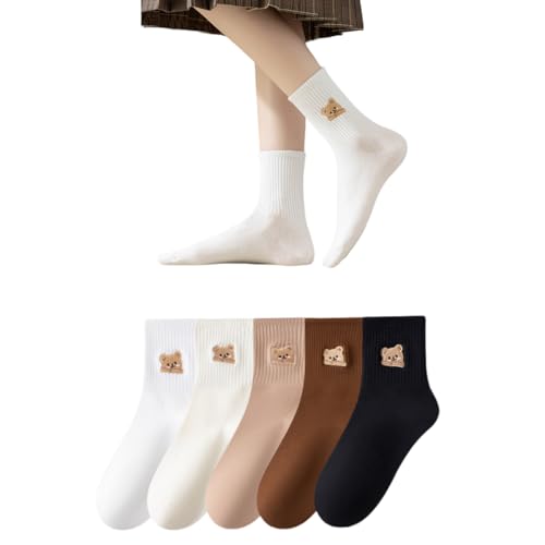 AKAMAS 5 Paar Damen Bunte Bären Stickerei Crew Socken,Lustige Cartoon Tier Muster Knöchelsocken,Atmungsaktive Baumwollsocken Sportsocken Tennis Socken,Warm Winter Freizeitsocken für Mädchen A von AKAMAS