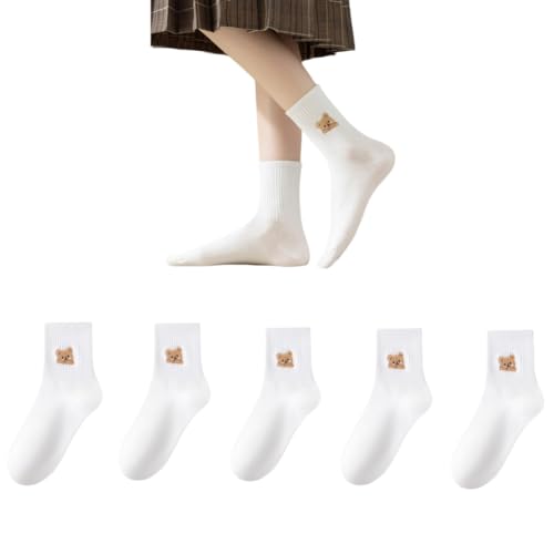 AKAMAS 5 Paar Damen Bunte Bären Stickerei Crew Socken,Lustige Cartoon Tier Muster Knöchelsocken,Atmungsaktive Baumwollsocken Sportsocken Tennis Socken,Warm Winter Freizeitsocken für Mädchen B von AKAMAS