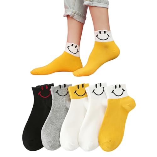 AKAMAS 5 Paar Damen Bunte Baumwollsocken,Lustige Socken mit Emoji-Muster,Lächelndem Gesicht Muster Socken,Weiche Alltagssocken,Neuartige Knöchelsocken,Geschenk für Mädchen von AKAMAS