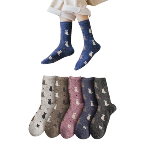 AKAMAS 5 Paar Damen Bunte Cartoon Muster Dicke Socken,Lustige Katze Tier Crew Socken,Winter Warme Söckchen,Atmungsaktive Warme Wolle Frauen Flauschige Thermo Stricksocken A von AKAMAS