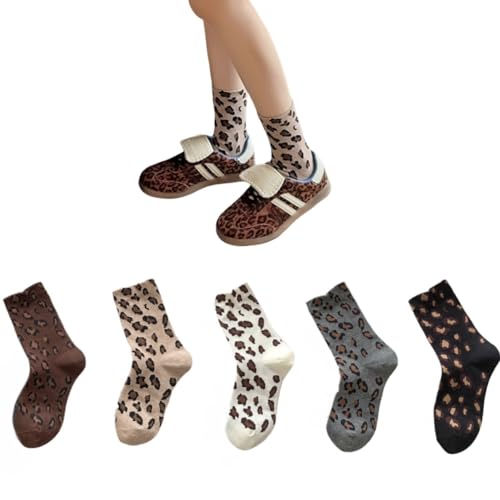 AKAMAS 5 Paar Damen Bunte Leopardenmuster Socken,Neuheit Leopard Tier Motiv Söckchen,Modische Leoparden Gemusterte Söckchen,Atmungsaktive Baumwolle Lässig Socken A von AKAMAS