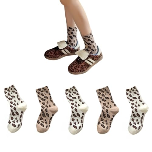 AKAMAS 5 Paar Damen Bunte Leopardenmuster Socken,Neuheit Leopard Tier Motiv Söckchen,Modische Leoparden Gemusterte Söckchen,Atmungsaktive Baumwolle Lässig Socken B von AKAMAS