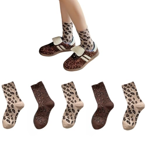 AKAMAS 5 Paar Damen Bunte Leopardenmuster Socken,Neuheit Leopard Tier Motiv Söckchen,Modische Leoparden Gemusterte Söckchen,Atmungsaktive Baumwolle Lässig Socken C von AKAMAS