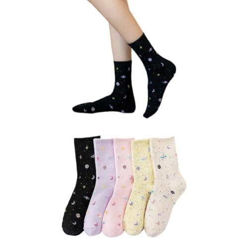 AKAMAS 5 Paar Damen Bunte Planet Stern Mond Muster Socken,Lustige Weltraum Motiv Freizeit-Socken,Atmungsaktive Warm Baumwollsocken Sportsocken,Witizge Kosmische Socken,Einzigartige Casual Socken A von AKAMAS