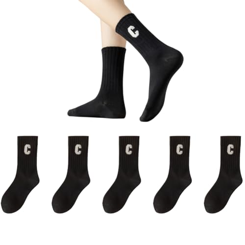 AKAMAS 5 Paar Damen Gestrickte Baumwollsocken,Lustige Crew Socken mit Buchstaben Muster,Socken mit Buchstabe C,Warme Atmungsaktive Sportsocken,Bunte Söckchen für Mädchen und Frauen C von AKAMAS