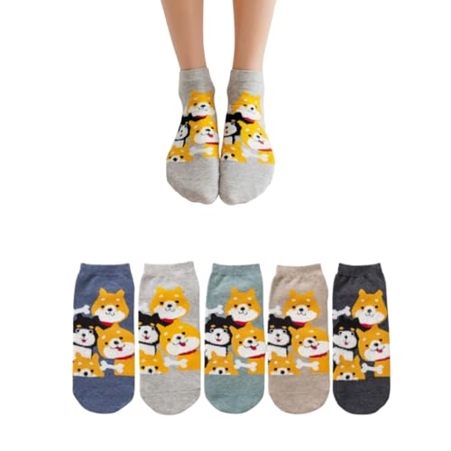 AKAMAS 5 Paar Damen Karikatur Shiba Inu Muster Knöchelsocken,Buntes Cartoon Tier Plüsch Motiv Kurze Socken,Weich Gekämmte Baumwolle Freizeit Lässige Söckchen,Süße 3D Bunte Hund Welpe Casual Söckchen von AKAMAS