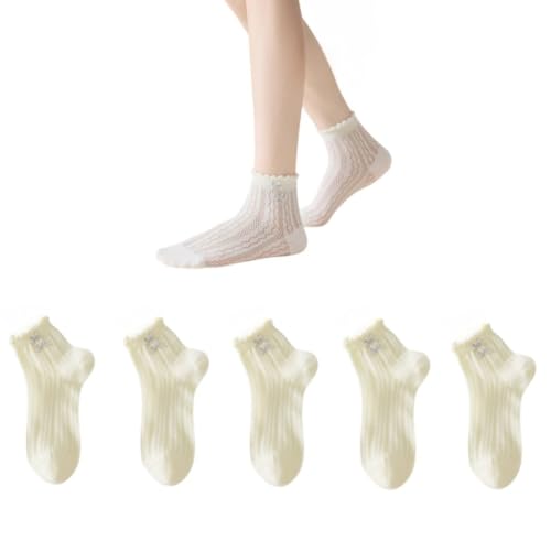 AKAMAS 5 Paar Damen Kühle Dünne Mesh Ruffle Bunte Knöchel Socken,Süße Rüschen Solid Söckchen mit Schleifen,Atmungsaktive Sommer Baumwolle Ausschnittmuster Netz Lässige Freizeit Casual Socken B von AKAMAS