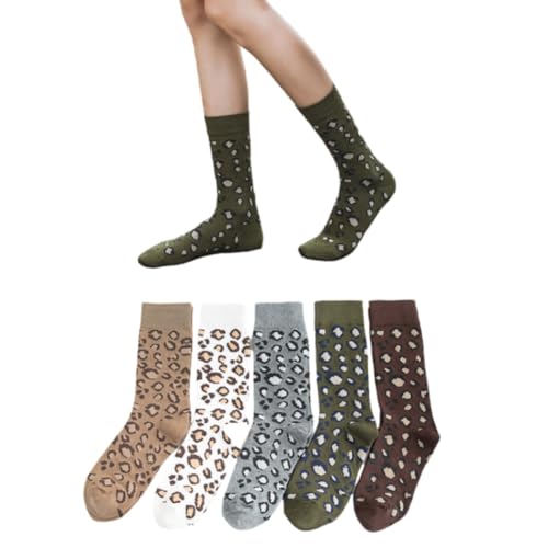 AKAMAS 5 Paar Damen Leopard Muster Bunte Knöchelsocken,Lustige Leopard Tier Muster Crew Socken,Warm Winter Wadensocken,Stretch Atmungsaktive Baumwollsocken Sportsocken,Verrückte Freizeit-Socken A von AKAMAS