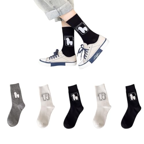 AKAMAS 5 Paar Damen Lustige 3D Alpaka Muster Baumwolle Socken,Warm Atmungsaktive Sportsocken,Niedliche Cartoon Tier Casual Socken,Frauen Witzige Motiv Schwarz Weiß Knöchelsocken A von AKAMAS