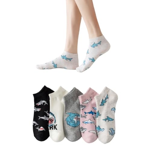 AKAMAS 5 Paar Damen Lustige Blau Grau Hai Muster Crew Socken,Neuheit Hammerhai Meeresleben Knöchelsocken,Cartoon Carcharodon Carcharias Kurze Socken,Atmungsaktive Bunte Baumwollsocken Sportsocken von AKAMAS