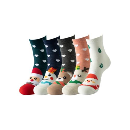 AKAMAS 5 Paar Damen Lustige Bunt Gemustert Knöchelsocken,Schneemann Bär Hirsch Herz Muster X-mas Crew Socken,Atmungsaktive Warm Baumwollsocken Freizeit Socken,Frauen Niedliche Karikatur Motiv Socken von AKAMAS