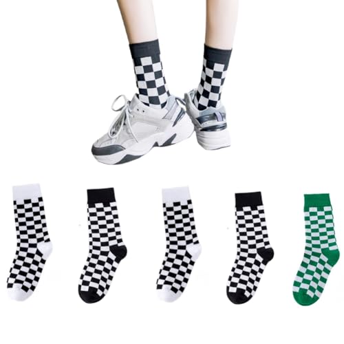 AKAMAS 5 Paar Damen Lustige Bunte Schwarz Weiß Schachbrettmuster Crew Socken,Retro Karomuster Atmungsaktive Warm Baumwollsocken Sportsocken Lässige Socken für Mädchen A von AKAMAS