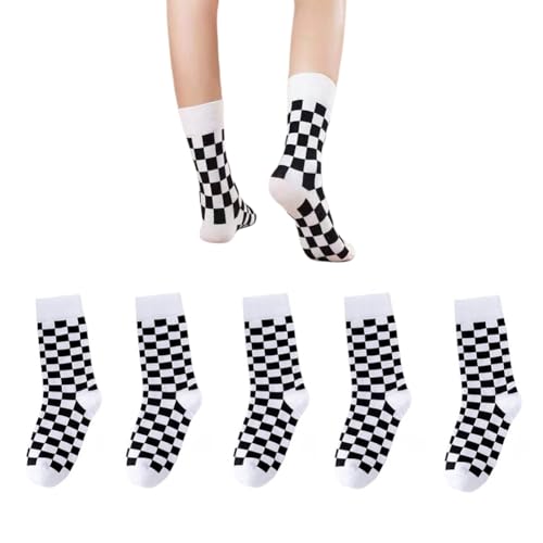 AKAMAS 5 Paar Damen Lustige Bunte Schwarz Weiß Schachbrettmuster Crew Socken,Retro Karomuster Atmungsaktive Warm Baumwollsocken Sportsocken Lässige Socken für Mädchen B von AKAMAS