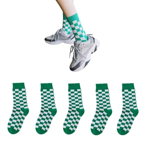 AKAMAS 5 Paar Damen Lustige Bunte Schwarz Weiß Schachbrettmuster Crew Socken,Retro Karomuster Atmungsaktive Warm Baumwollsocken Sportsocken Lässige Socken für Mädchen D von AKAMAS
