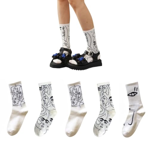 AKAMAS 5 Paar Damen Lustige Graffiti Muster Weiße Socken,Abstrakte Linie Portrait Motiv Knöchelsocken,Neuheit Hip Hop Art Novelty Crew Socken,Frauen Atmungsaktive Warm Baumwollsocken Sportsocken A von AKAMAS