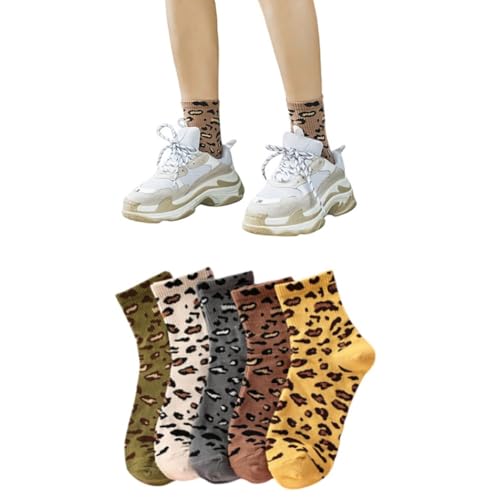 AKAMAS 5 Paar Damen Lustige Leopard Tier Muster Bunte Knöchelsocken,Stretch Atmungsaktive Baumwollsocken Sportsocken,Frauen Verrückte Leopard Freizeit Socken A von AKAMAS