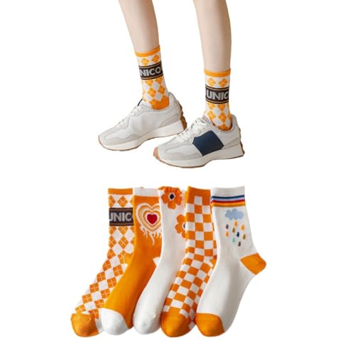 AKAMAS 5 Paar Damen Lustige Orange Crew Socken,Retro Bunt Karierte Freizeit-Socken,Verrückte Herzen Blumen Monogrammierte Söckchen,Witzige Motiv Atmungsaktive Baumwollsocken Knöchelsocken von AKAMAS