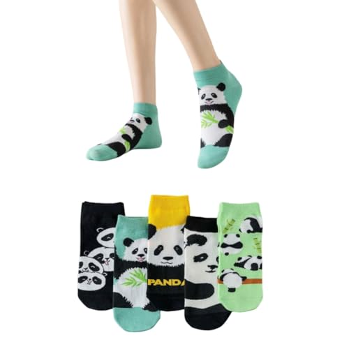 AKAMAS 5 Paar Damen Lustige Panda Muster Bunte Knöchelsocken,Niedliche Bär Tier Kurze Socken,Weich Gestrickte Baumwollsocken Sportsocken Freizeitsocken,Witzige Schwarz-weiße Panda Motiv Socken A von AKAMAS