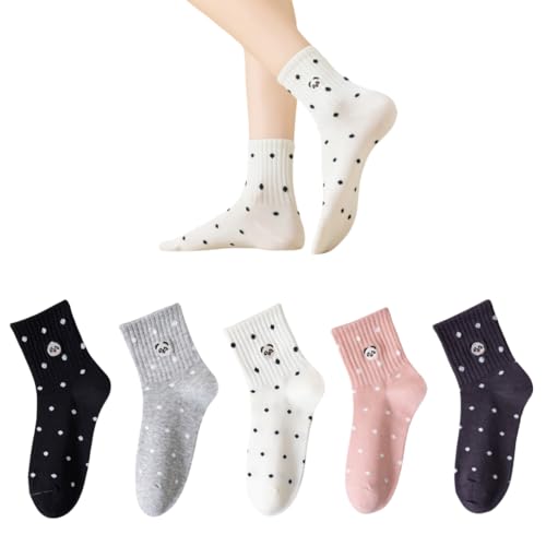 AKAMAS 5 Paar Damen Lustige Panda Stickerei Muster Bunte Socken,Süße Bär Gepunktete Söckchen,Witzige Solid Freizeit Socken,Atmungsaktive Baumwollsocken Sportsocken,Wiztige Tier Motiv Bestickte Socken von AKAMAS