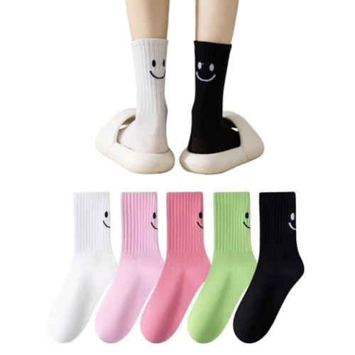 AKAMAS 5 Paar Damen Lustige Lächelndem Gesicht Muster Socken,Crew Socken mit Emoji,Atmungsaktive Bunte Baumwollsocken Casual Socken,Weiche Gestrickte Socken,Warme Strümpfe für Mädchen B von AKAMAS