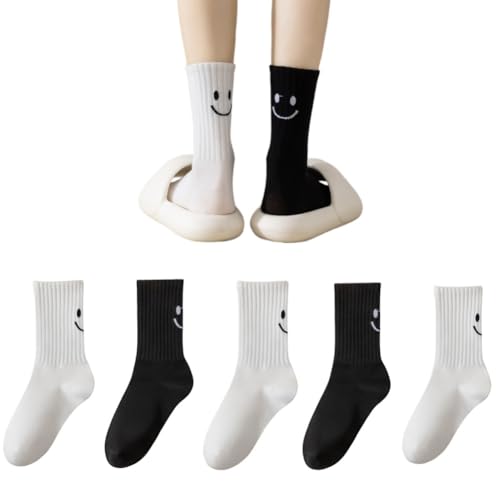 AKAMAS 5 Paar Damen Lustige Lächelndem Gesicht Muster Socken,Crew Socken mit Emoji,Atmungsaktive Bunte Baumwollsocken Casual Socken,Weiche Gestrickte Socken,Warme Strümpfe für Mädchen C von AKAMAS