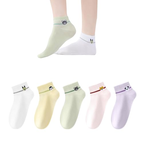 AKAMAS 5 Paar Damen Lustige Tier Bunte Solid Knöchel Socken,Novelty Panda Bär Katze Hund Pinguin Muster Mehrfarbige Söckchen,Atmungsaktive Baumwolle Sport Tennis Freizeit Lässige Kurze Socken von AKAMAS