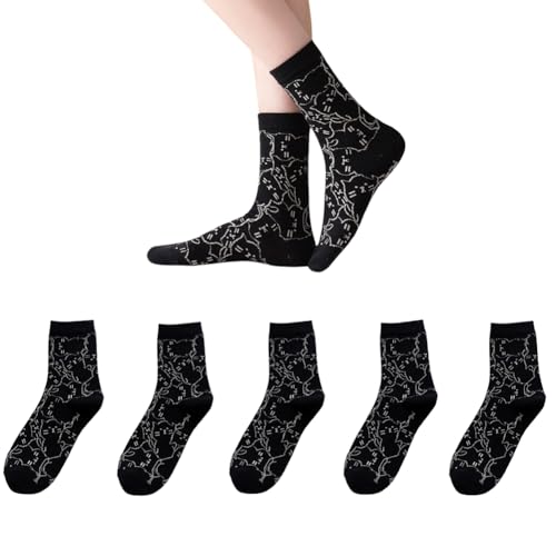 AKAMAS 5 Paar Damen Lustige Tier Socken,Niedliche Süße Cartoon Katze Muster Crew Socken,Atmungsaktive Baumwollsocken Sportsocken,Weiche Gestrickte Bunte Freizeit Socken,Geschenke Mädchen C von AKAMAS