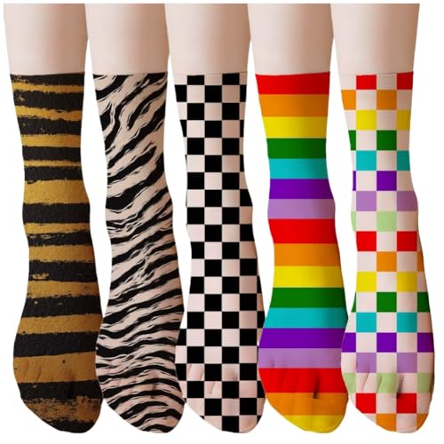 AKAMAS 5 Paar Damen Regenbogen Streifen Karierte Sommer Dünne Strümpfe,Lustige Schwarz Schachbrettmuster Zebra Tiger Bunte Gestreift Ultradünne Durchsichtige Socken,Kühle Nylon Transparente Söckchen von AKAMAS