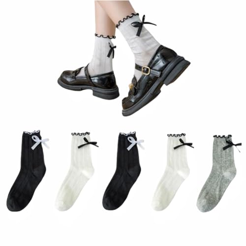 AKAMAS 5 Paar Damen Schwarz Weiß Grau Rüschen Socken,Gerüschte Crew Socken mit Schleife,Atmungsaktive Baumwollsocken Knöchelsocken,Süße Niedliche Casual Socken,Frauen Weiche Prinzessin Socken A von AKAMAS