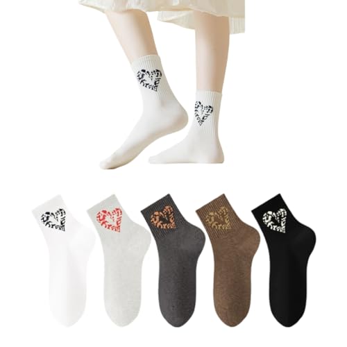 AKAMAS 5 Paar Damen Verrückte Bunte Leopard Muster Herz Knöchelsocken,Mehrfarbig Solid Gestrickte Socken,Atmungsaktive Sportsocken Tennissocken Laufsocken,Süße Herz Kleidersocken Freizeitsocken A von AKAMAS