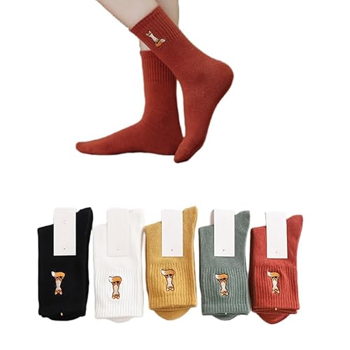 AKAMAS 5 Paar Damen Weich Bunte Gestrickte Söckchen,Lustige Fuchs Stickerei Muster Solid Söckchen,Neuheit Tier Motiv Crew Socken,Warme Winter Baumwolle Sport Lässig Socken von AKAMAS