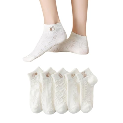 AKAMAS 5 Paar Damen Weiß Knöchelsocken,Atmungsaktive Baumwollsocken,Lustig Bestickte Tier Bär Kaninchen Blumen Crew Socken,Quarter Sportsocken,Kurze Sneakersocken,Cute Low Cut Socken Frauen von AKAMAS