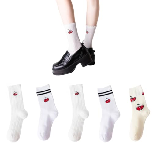 AKAMAS 5 Paar Damen Weiß Lässige Knöchel Socken,Lustige Rote Kirsche Motiv Crew Socken,Niedlich Obst Muster Casual Socken,Retro Doppelt Streifen Socken,Atmungsaktive Sportsocken Warm Baumwollsocken A von AKAMAS