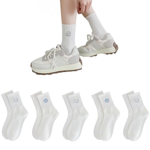 AKAMAS 5 Paar Damen Weiß Lustige Muster Socken,Niedlich Smile Gesicht Casual Socken,Cartoon Stickerei Tier Crew Socken,Atmungsaktiv Sport Socken Baumwollsocken,Geschenke für Mädchen B von AKAMAS