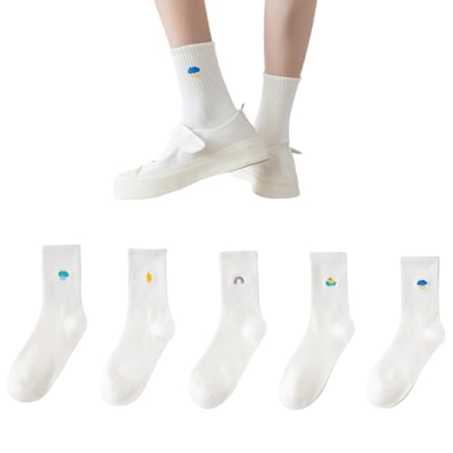 AKAMAS 5 Paar Damen Weiße Crew Socken,Lustige Regenbogen Wolken Blitz Ente Muster Wadensocken,Niedlich Wetter Stickerei Lässig Socken,Frauen Atmungsaktiv Baumwollsocken Sportsocken Tennissocken A von AKAMAS