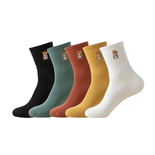 AKAMAS 5 Paar Damen Witzige Eichhörnchen Stickerei Muster Bunte Crew Socken,Lustige Tier Bestickte Motiv Mehrfarbige Solid Socken,Weich Stretch Baumwolle Freizeit Sport Sneaker Lässige Söckchen A von AKAMAS
