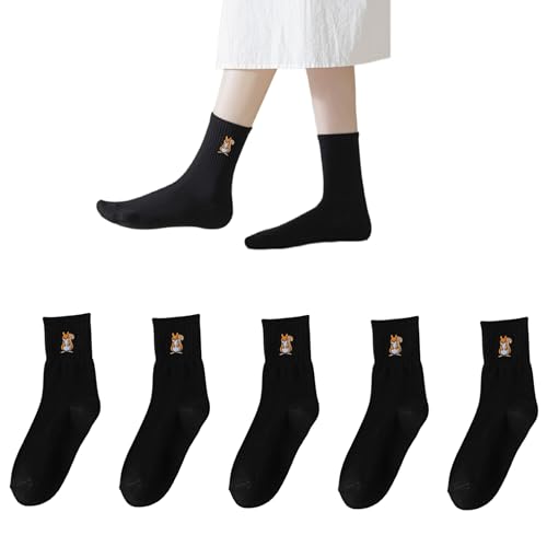 AKAMAS 5 Paar Damen Witzige Eichhörnchen Stickerei Muster Bunte Crew Socken,Lustige Tier Bestickte Motiv Mehrfarbige Solid Socken,Weich Stretch Baumwolle Freizeit Sport Sneaker Lässige Söckchen B von AKAMAS