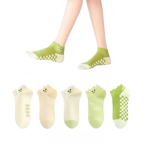 AKAMAS 5 Paar Grüne Damen Lustige Cartoon Frosch Tier Stickerei Knöchelsocken,Atmungsaktive Baumwolle Sneaker Kurze Socken,Bunte Karierte Verrückt Low Cut Söckchen von AKAMAS