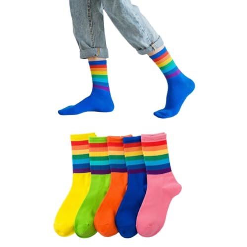 AKAMAS 5 Paar Lustige Damen Regenbogen Streifen Muster Crew Socken,Mehrfarbige Bunt Gestreifte Pride Month Gay Socken für LGTBQ,Atmungsaktiv Warm Gekämmte Baumwolle Sport Freizeit Söckchen von AKAMAS