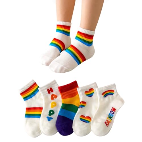AKAMAS 5 Paar Lustige Kinder Baby Regenbogen Streifen Herz Muster Knöchel Socken,Neuheit Bunt Gestreifte Motiv Freizeit Schul Party Socken,Warm Winter Baumwolle Rainbow Mädchen Jungen Crew Socke A von AKAMAS