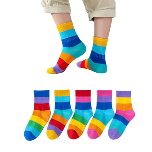 AKAMAS 5 Paar Neuheit Jungen Mädchen Bunte Gestreifte Freizeit Socken,Novelty Kinder Regenbogen Streifen Muster Crew Socke,Weiche Gestrickte Baumwolle Laufsocken,Elastische Sneaker Sport Söckchen C von AKAMAS