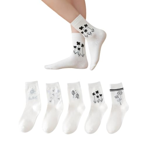 AKAMAS 5 Paar Weiße Damen Witzige Motiv Gemusterte Crew Socken,Lustige Blumen Blatt Muster Baumwollsocken,Atmungsaktive Casual Sport Socken,Frauen Mädchen Weiche Knöchelsocken A von AKAMAS