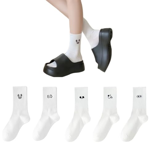 AKAMAS 5 Paar Weiße Damensocken,Cartoon-Stickerei Emoticon-Muster Knöchelsocken,Atmungsaktive Warme Baumwollsocken Sportsocken,Spaß Niedlich Casual Socken,Geschenk für Mädchen von AKAMAS